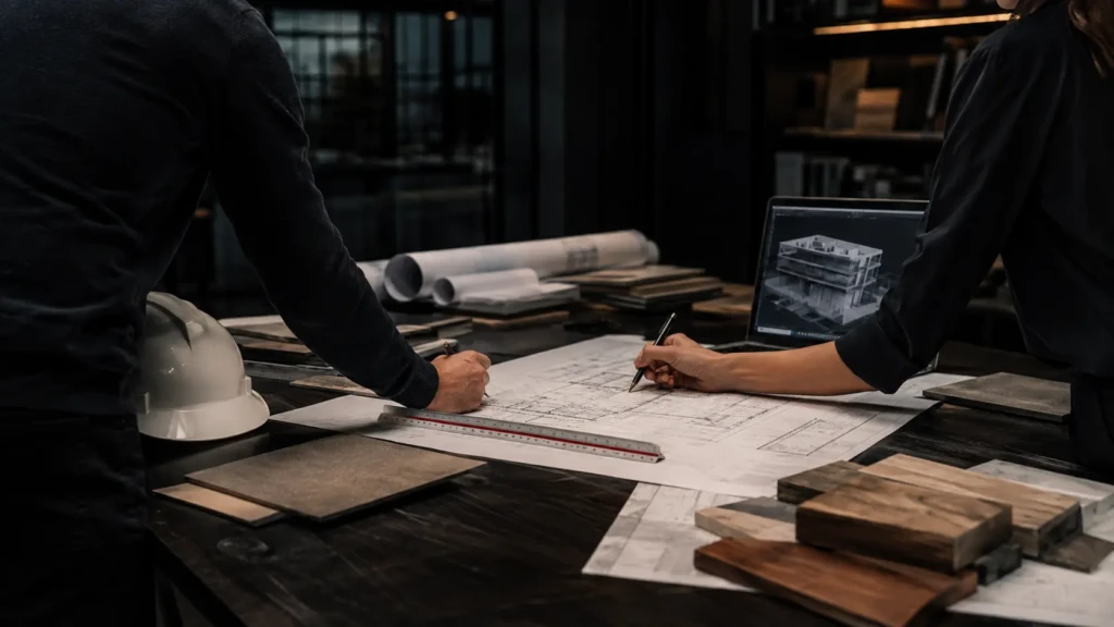 Architekti pracujúci na projekte domu s technickými výkresmi a 3D modelom na notebooku
