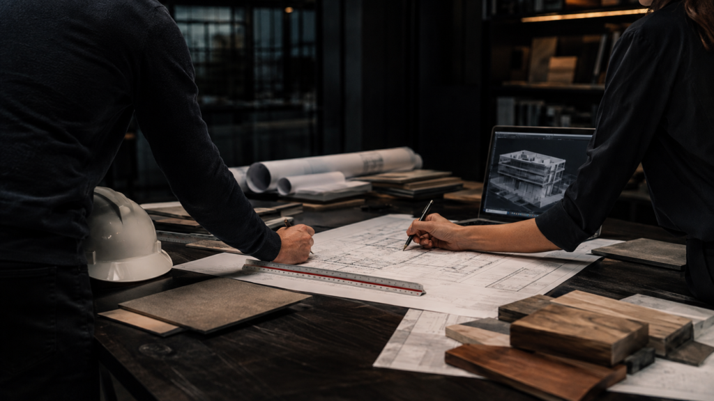 Architekti pracujúci na technickom výkrese domu s vizualizáciou na notebooku a vzorkami materiálov